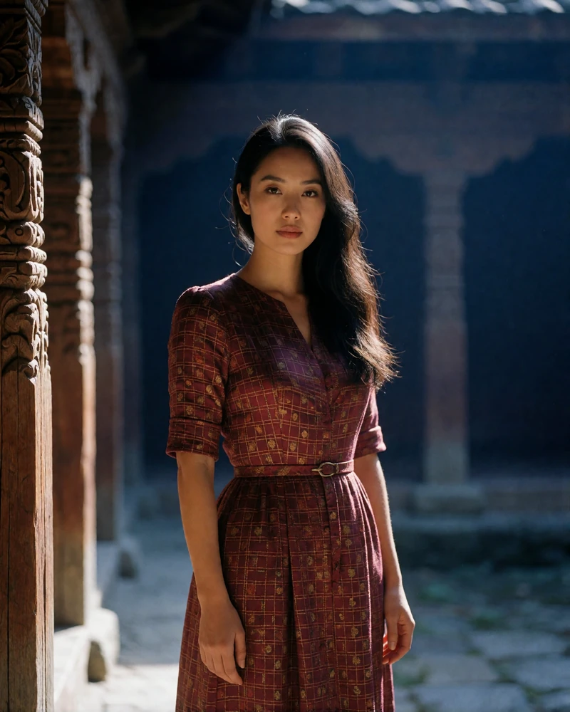Himalayan Asian woman around thirty in a maroon woven dress standing in a sunlit stone-and-timber courtyard - Bhutanese dating app profile example