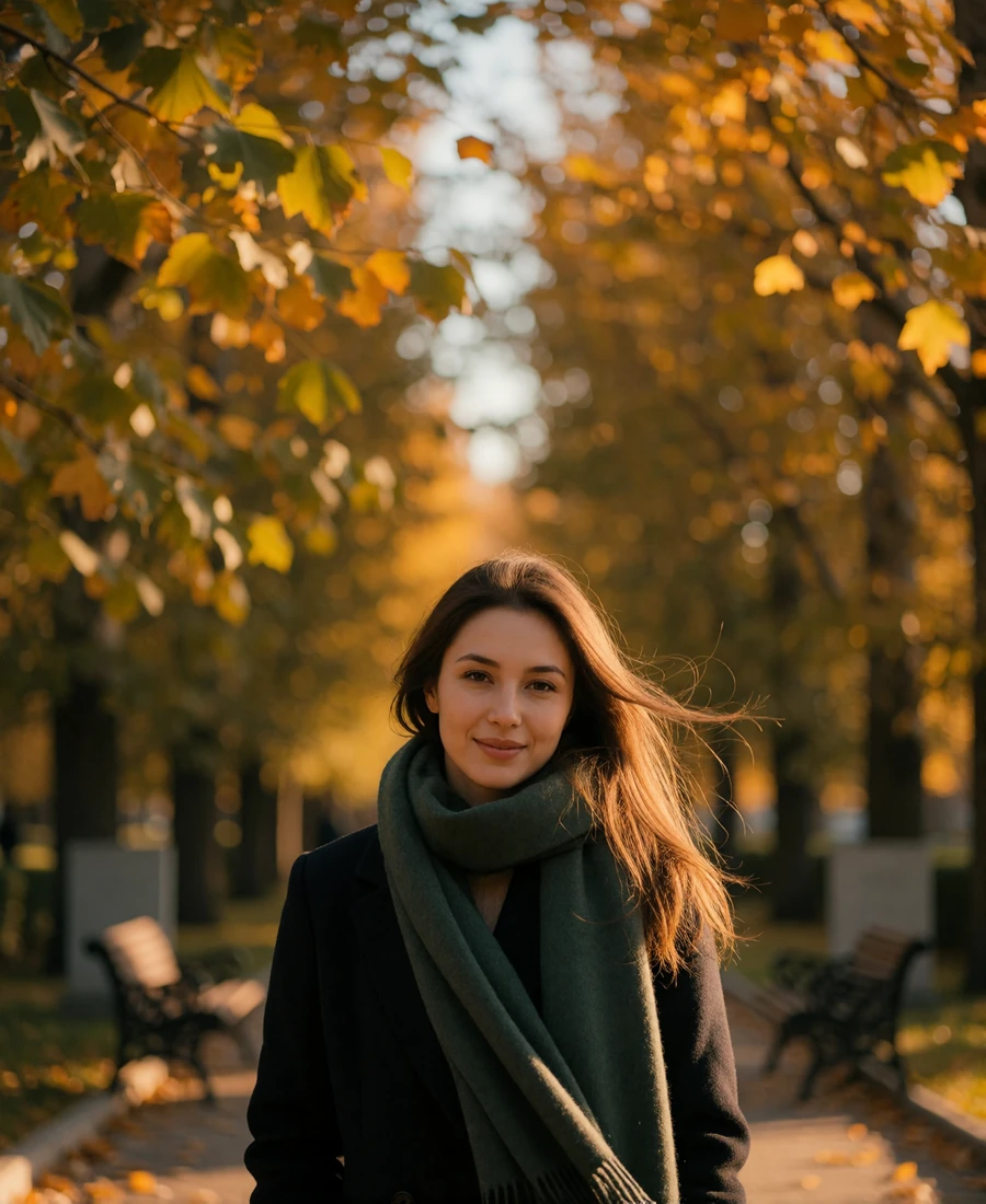 Kazakh woman in her early thirties wearing a scarf and dark coat on a tree-lined autumn park path - woman from Kazakhstan profile example