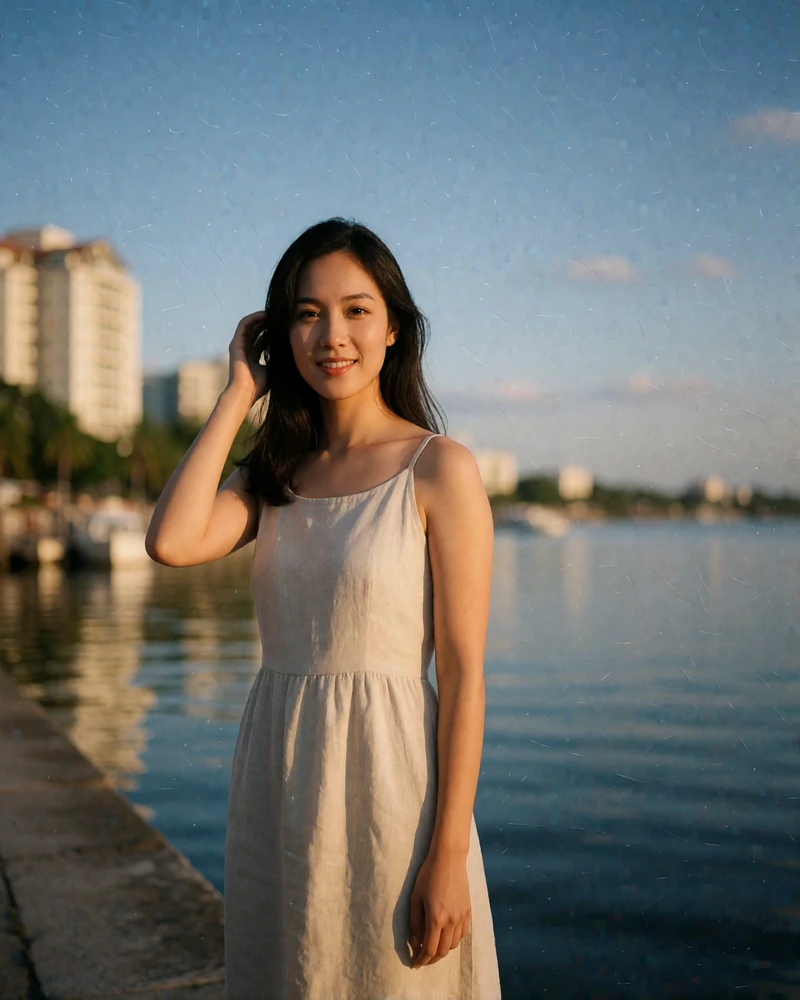 Vietnamese woman in her early thirties in a linen dress by a riverside promenade at golden hour - Vietnam girlfriend profile example