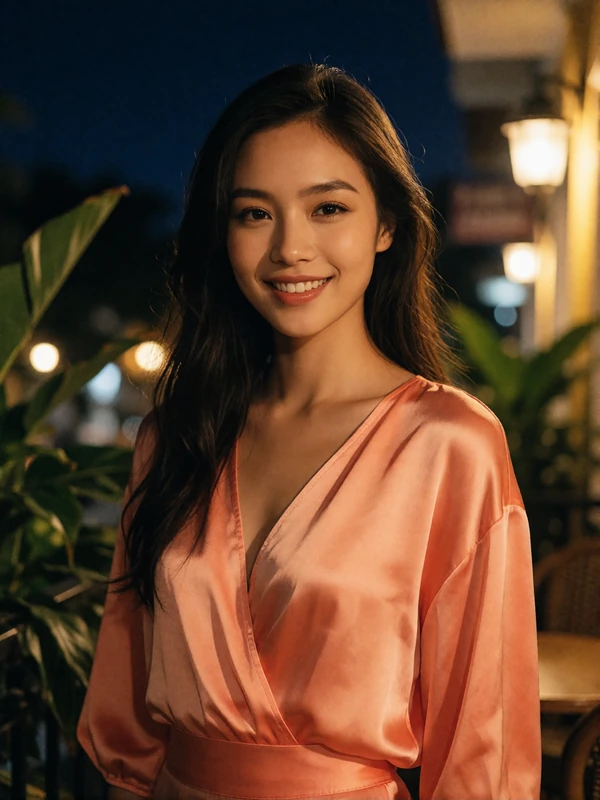 Smiling Vietnamese woman in a coral silk blouse on an evening terrace - Vietnamese dating profile example