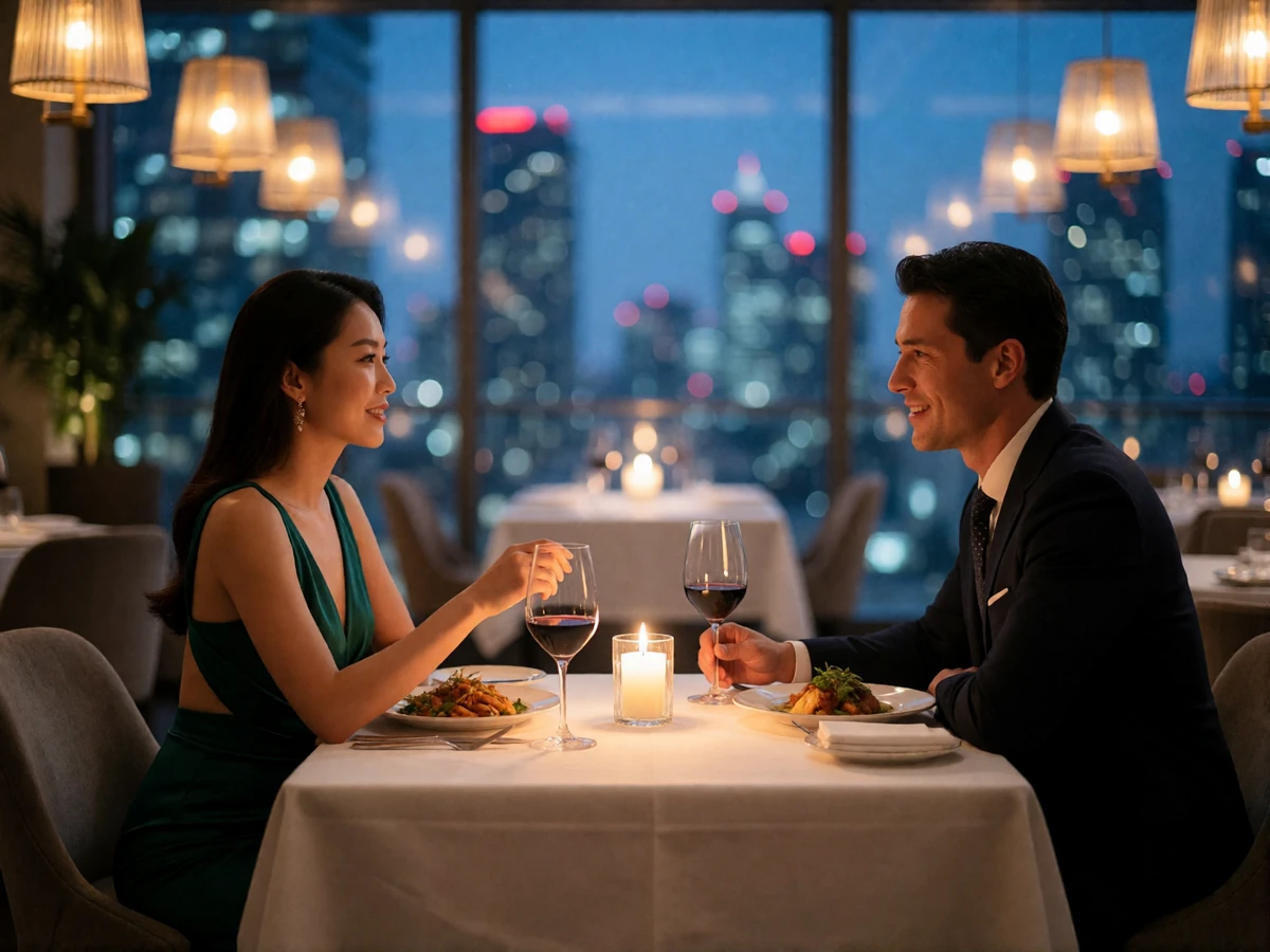 Asian woman in an emerald cocktail dress sharing a warm conversation with her partner at a candlelit rooftop restaurant table