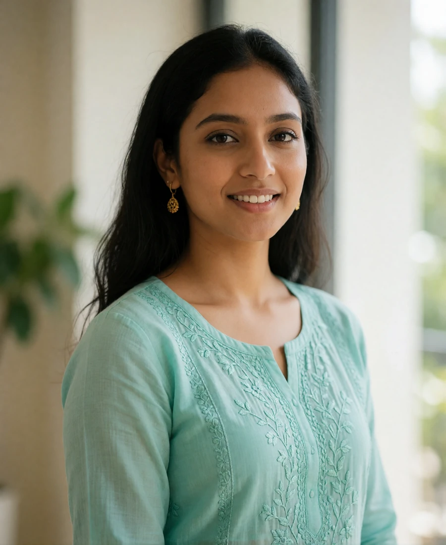 South Asian woman in a mint embroidered kurti smiling in natural window light, Bangladeshi dating profile example