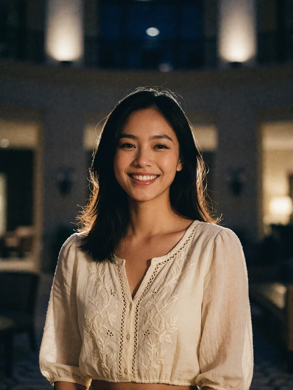Cheerful Filipina woman in an ivory embroidered blouse in an upscale hotel atrium - Filipino dating profile example