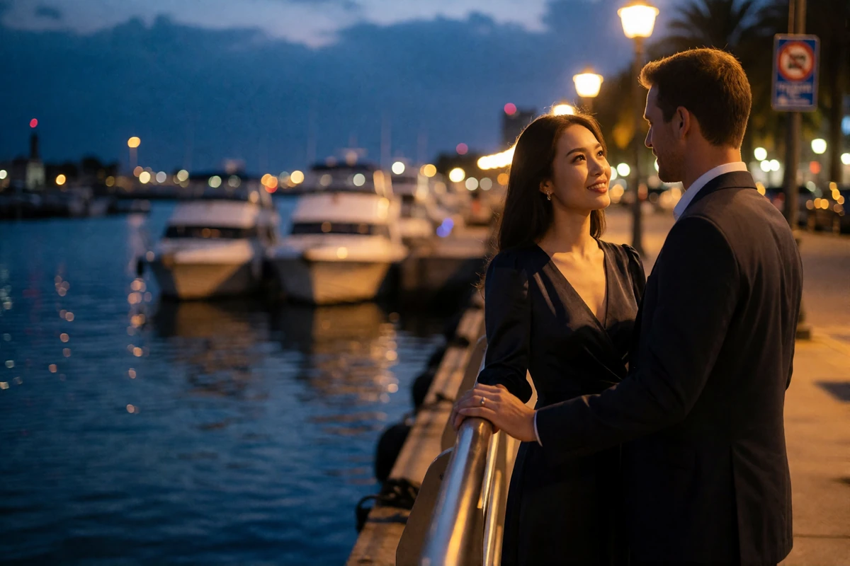 Vietnamese woman in an elegant dark dress standing with her partner at a harbor railing at dusk