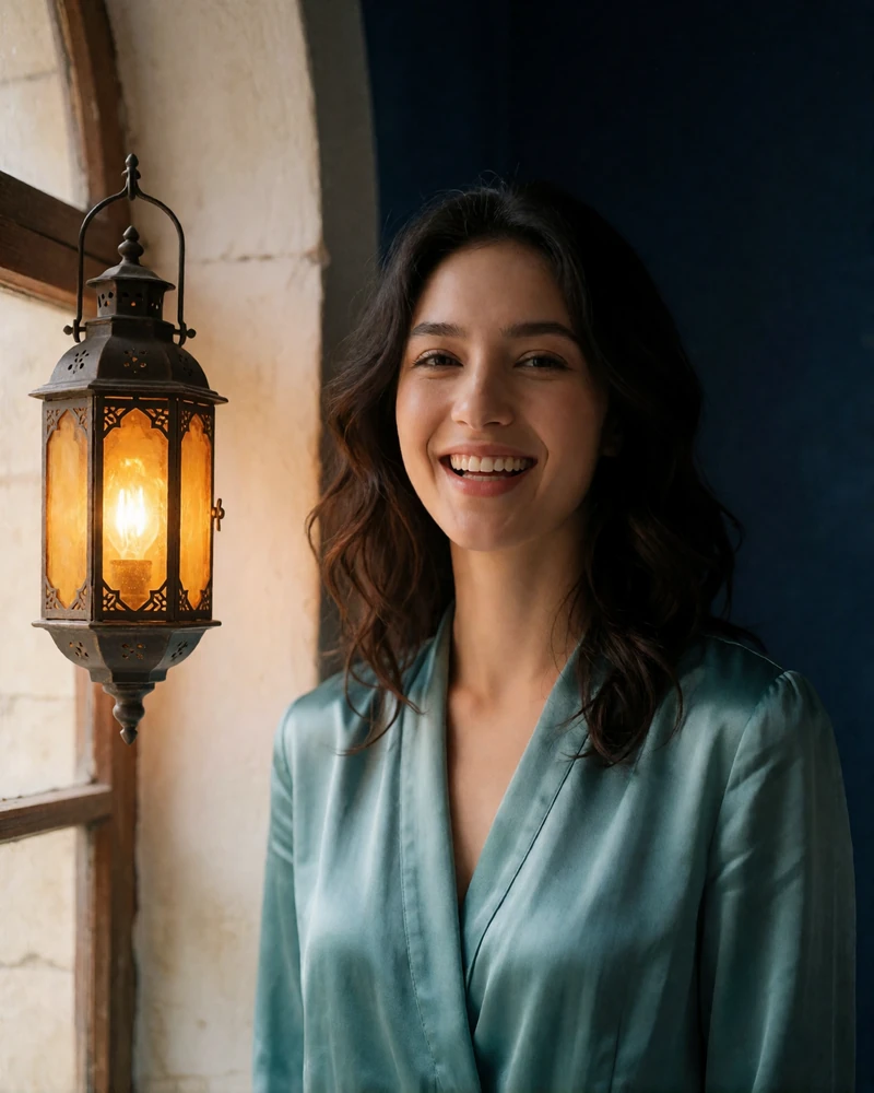 Tajik woman in her mid twenties wearing a teal blouse beside a tall arched window in natural daylight - Tajik dating profile example