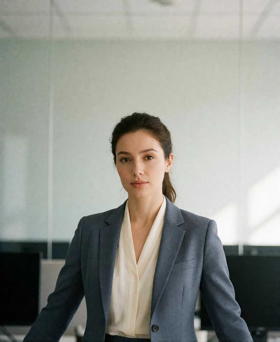 Uzbek woman in her early thirties in a tailored blazer standing in a modern office space - Uzbek dating app profile example