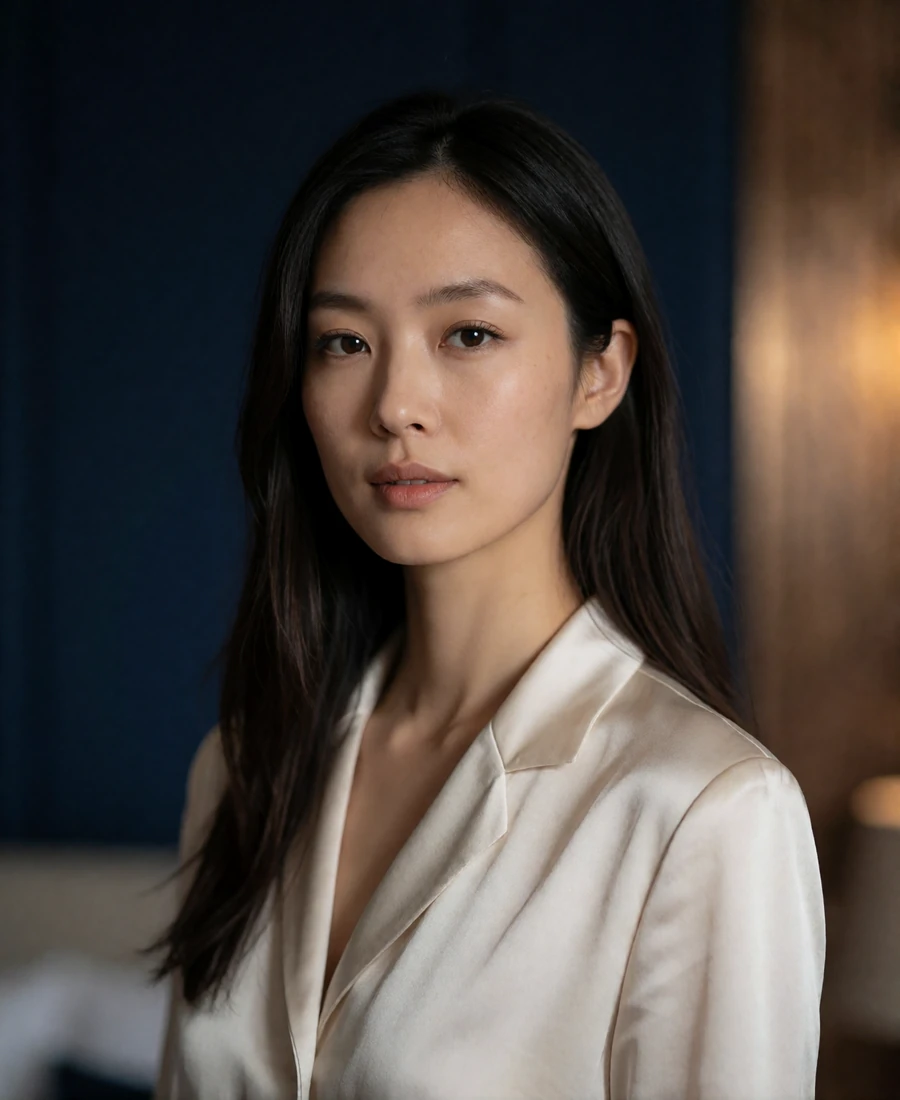 East Asian woman in her late twenties wearing a pale ivory satin blouse, photographed in soft window light - verified dating profile example