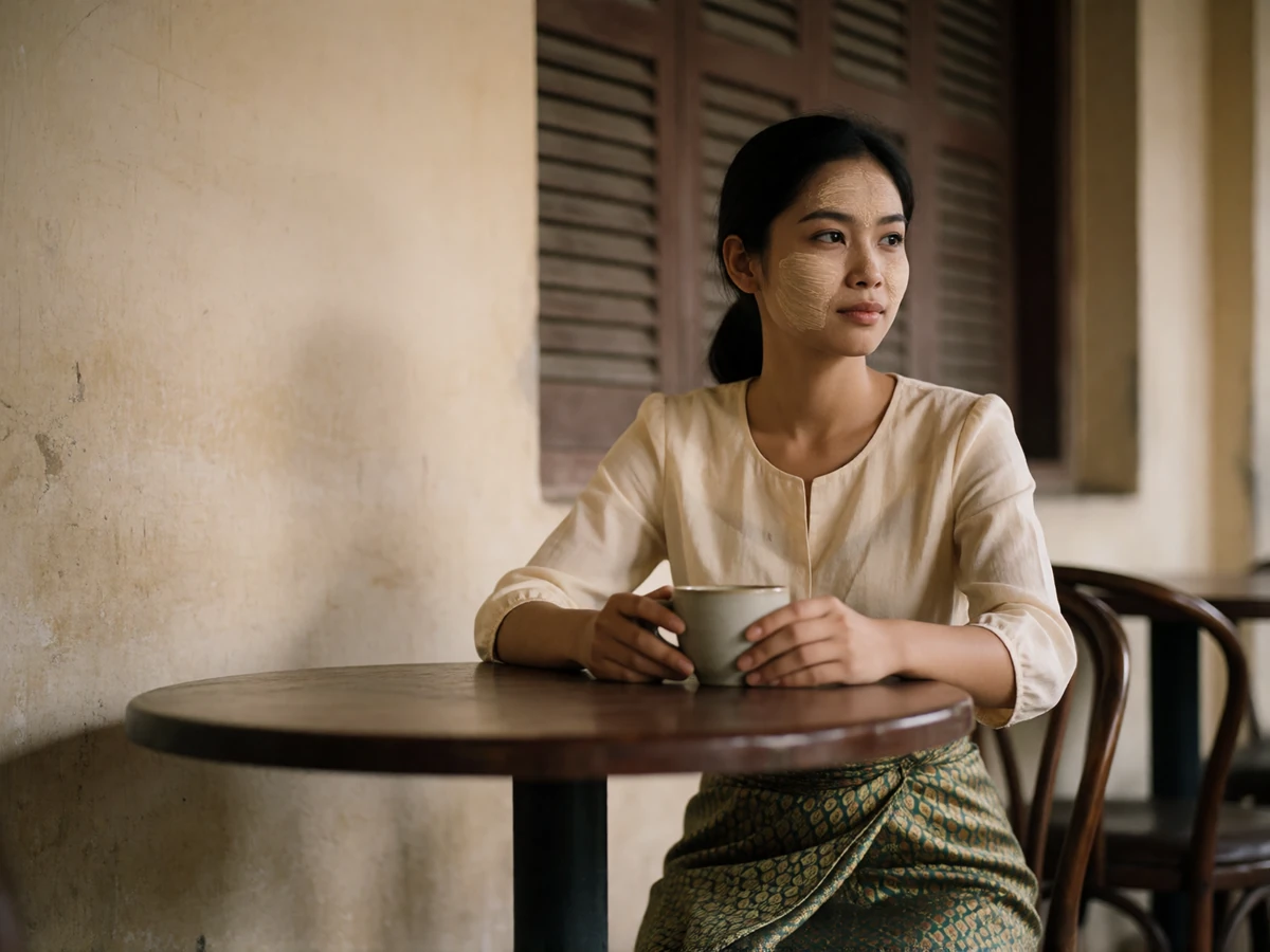 Myanmar woman seated at a small table in a quiet traditional teahouse in soft afternoon light