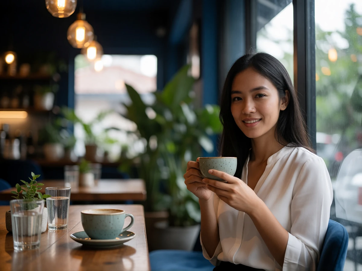 Filipina woman in a white blouse smiling while sitting by a café window in natural daylight