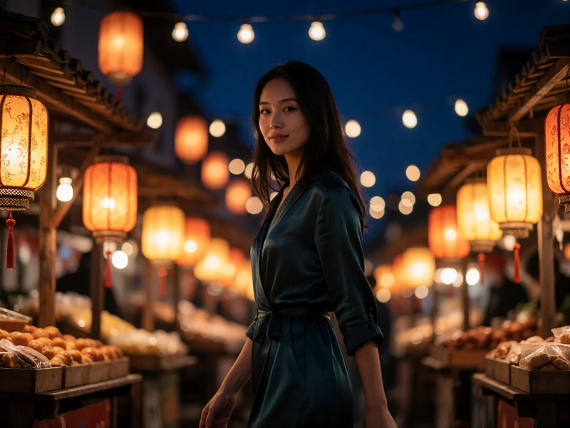 Asian woman in a dark teal dress walking through a lantern-lit evening market with a quiet smile
