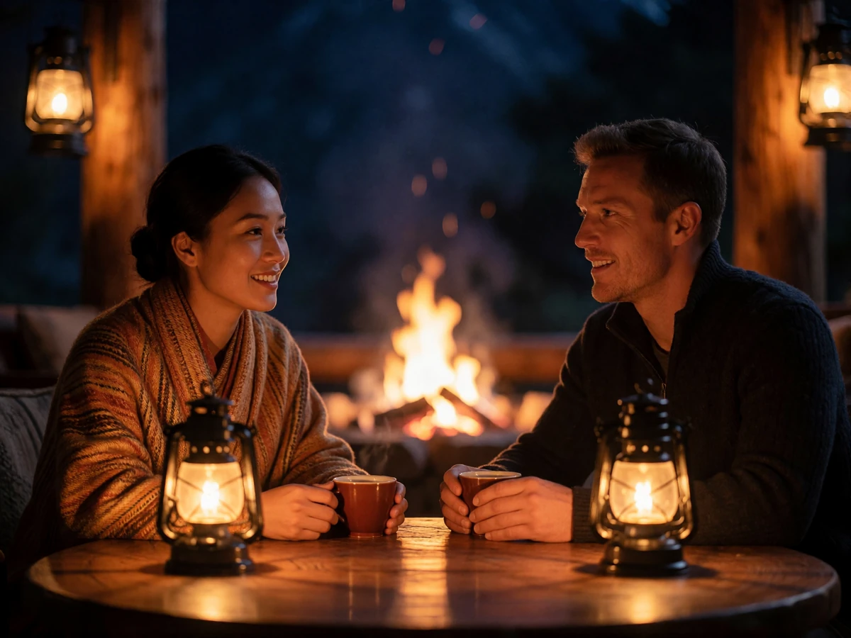 Himalayan Asian woman in a woven saffron wrap sharing tea and conversation with her Western partner inside a warm mountain lodge