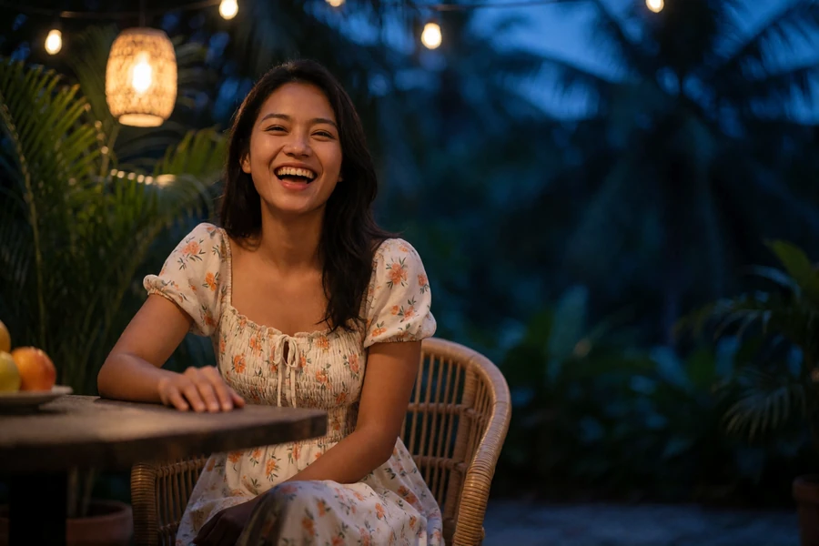 Filipino woman in a light floral dress laughing naturally at an evening terrace table with palm foliage blurred behind her