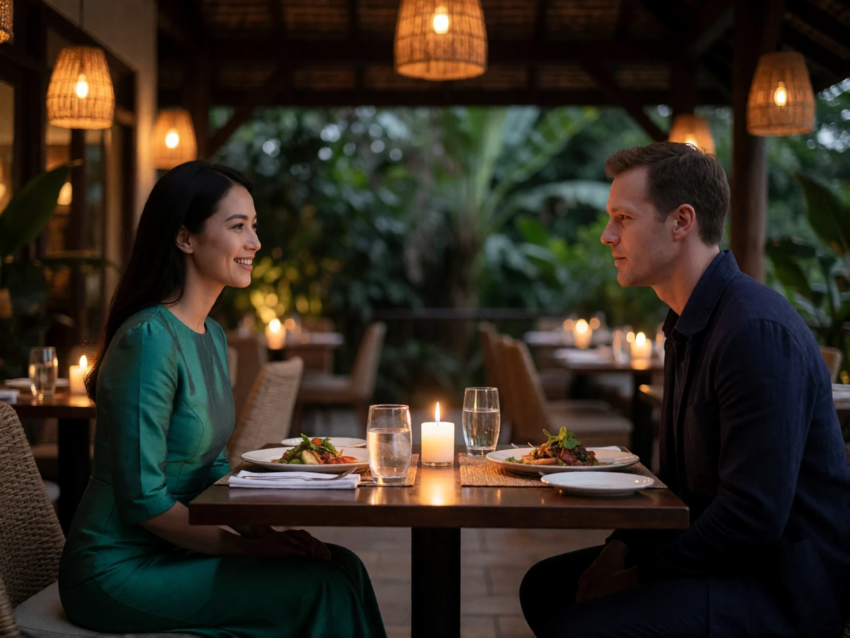 Thai woman in an emerald silk dress sharing a candlelit dinner conversation with her partner on a restaurant terrace