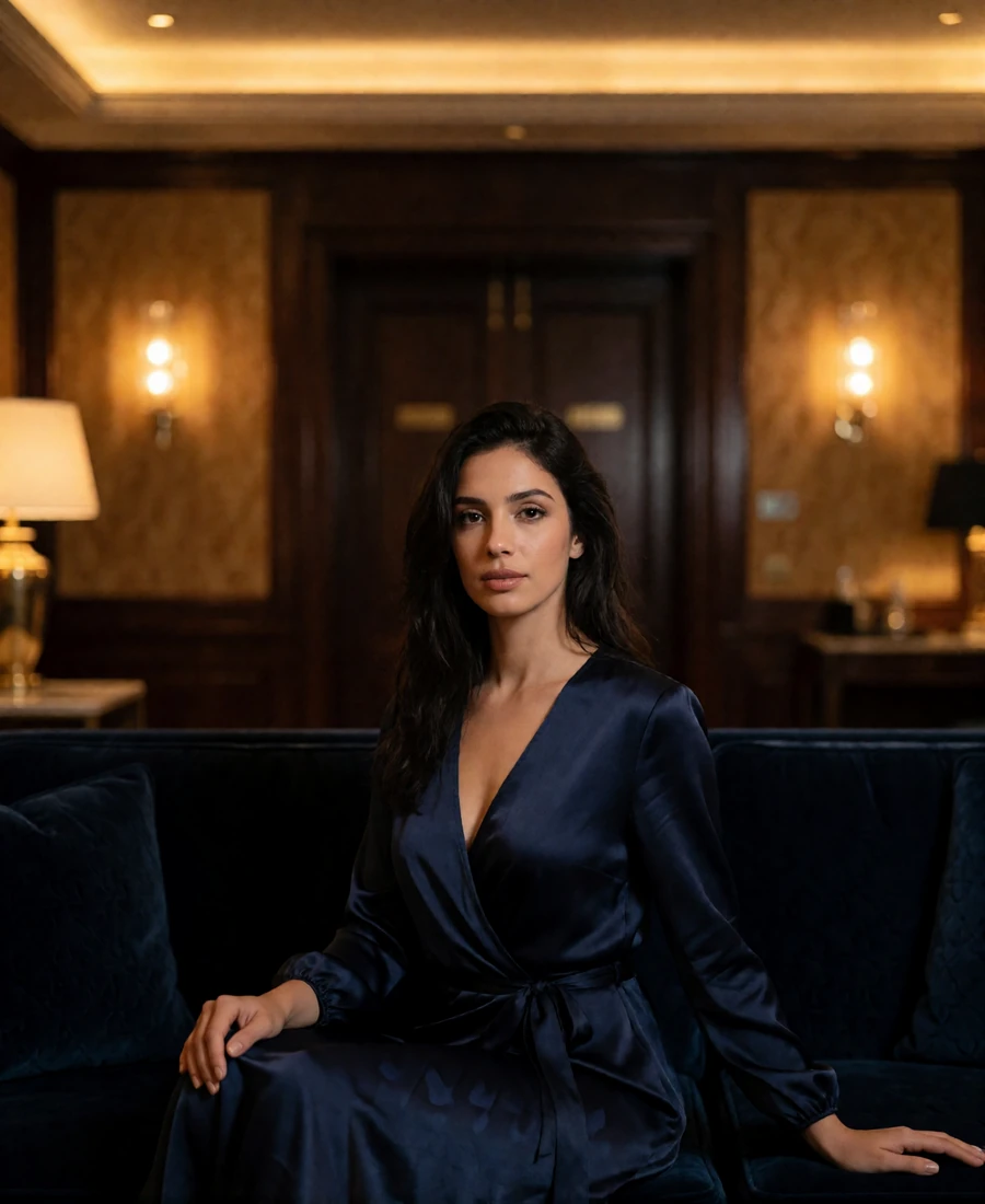Jordanian woman in her late twenties in a navy silk dress seated in an upscale hotel lounge - Jordanian dating site profile example