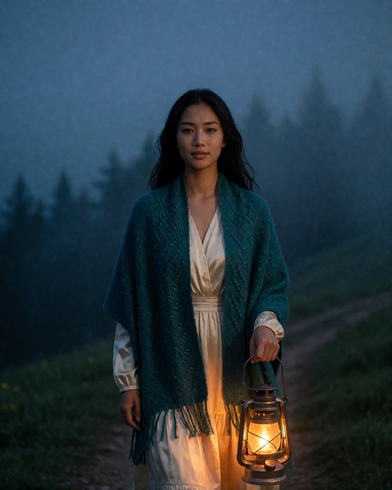 Himalayan Asian woman in her late twenties wearing a teal woven shawl on a misty hillside path - legitimate Asian dating site profile example