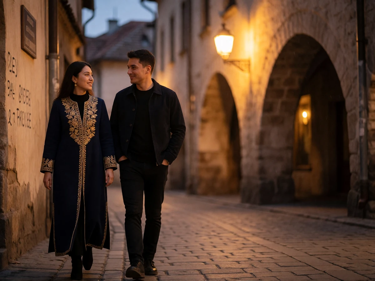 Turkmen woman in an embroidered coat walking beside her partner along a quiet old-town street at early evening