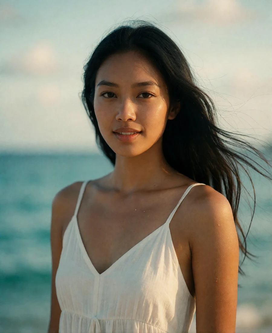 Timorese woman in her late twenties in a white sundress with a blurred turquoise shoreline behind her