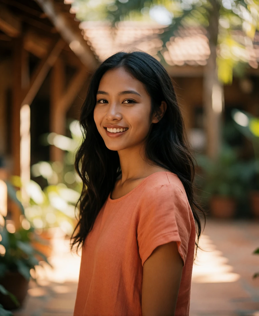 Cambodian woman in a coral linen top smiling in a sunlit open-air courtyard - Cambodian dating profile example