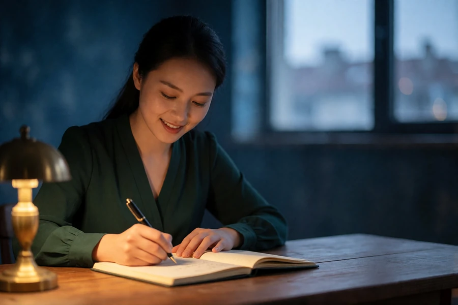 A Chinese woman writing in a notebook at a wooden desk by lamplight, illustrating a written translation and phrase-list routine