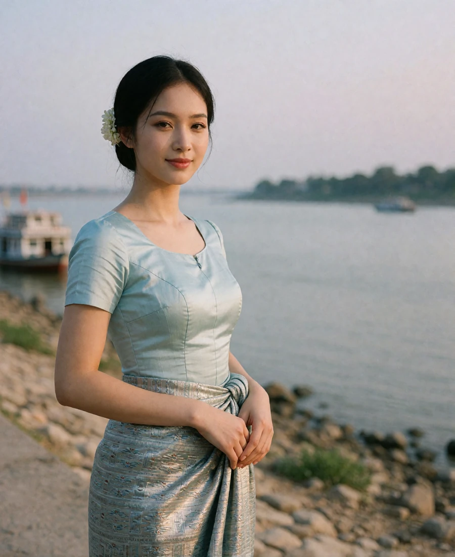 Myanmar woman in her late twenties standing on a riverside walkway in soft late-afternoon light - Burmese dating site profile example