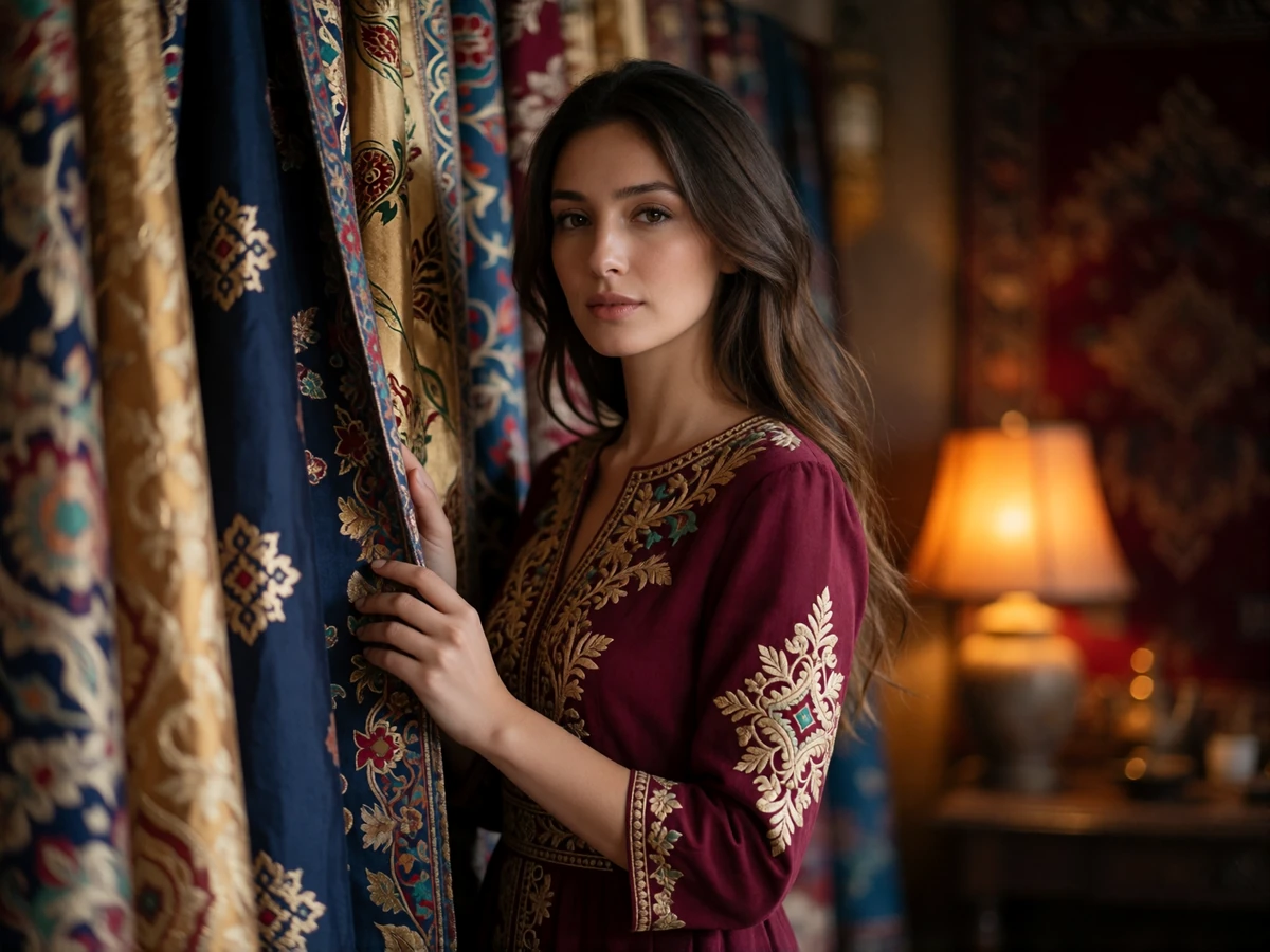 Central Asian woman in an embroidered burgundy dress standing beside hanging bolts of patterned silk in a warm artisan interior