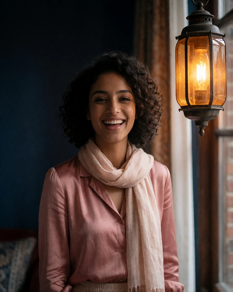 Afghan woman in her mid twenties in a rose-toned blouse smiling near a window in a hotel lounge - asian dating woman profile example