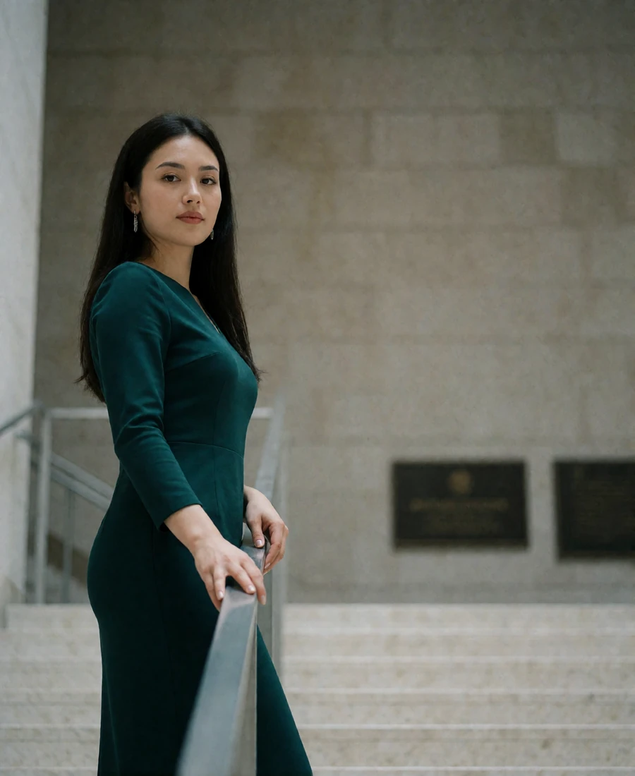 Kazakh woman in her mid twenties in an emerald dress standing on a pale staircase inside a contemporary cultural building - Kazakh women dating profile example