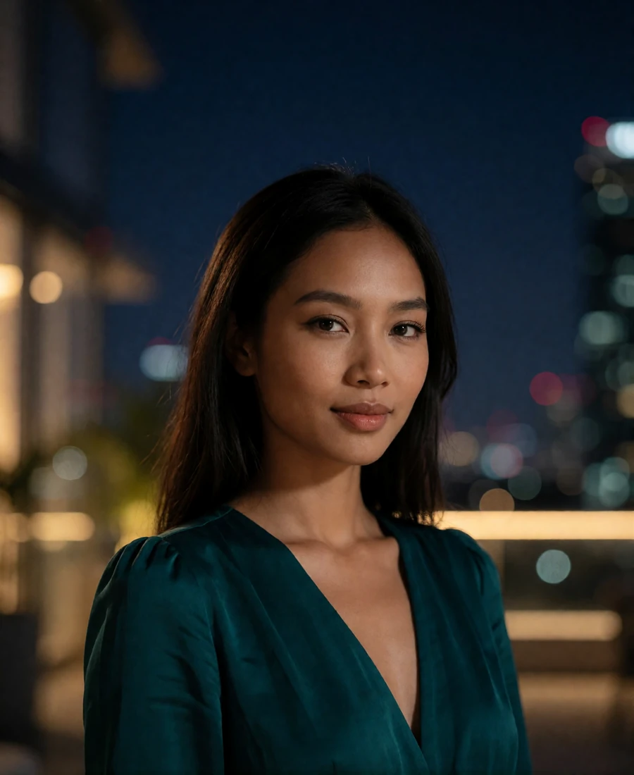 Bruneian woman in her late twenties wearing a deep teal dress at dusk, glancing toward the camera with a confident smile - Brunei girlfriend profile example