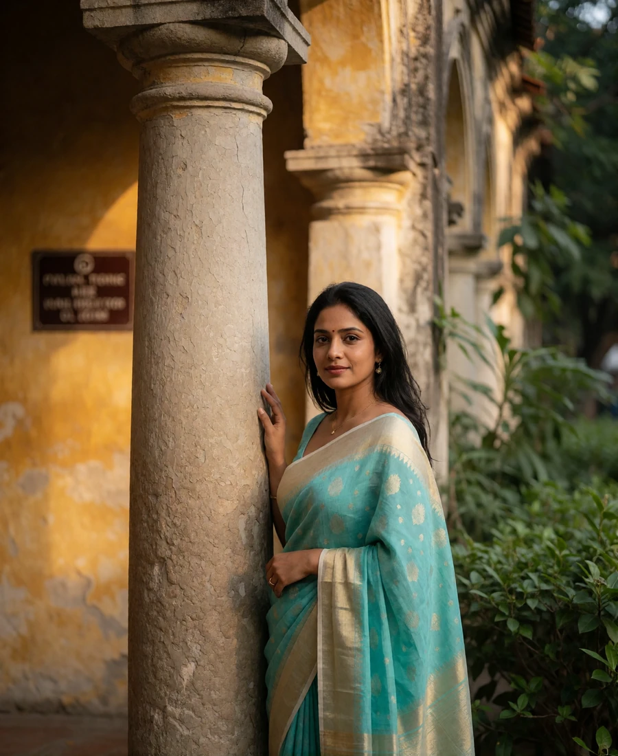 Sri Lankan woman in her early thirties in an elegant saffron saree beside a colonial-era stone column - Sri Lankan girlfriend profile example