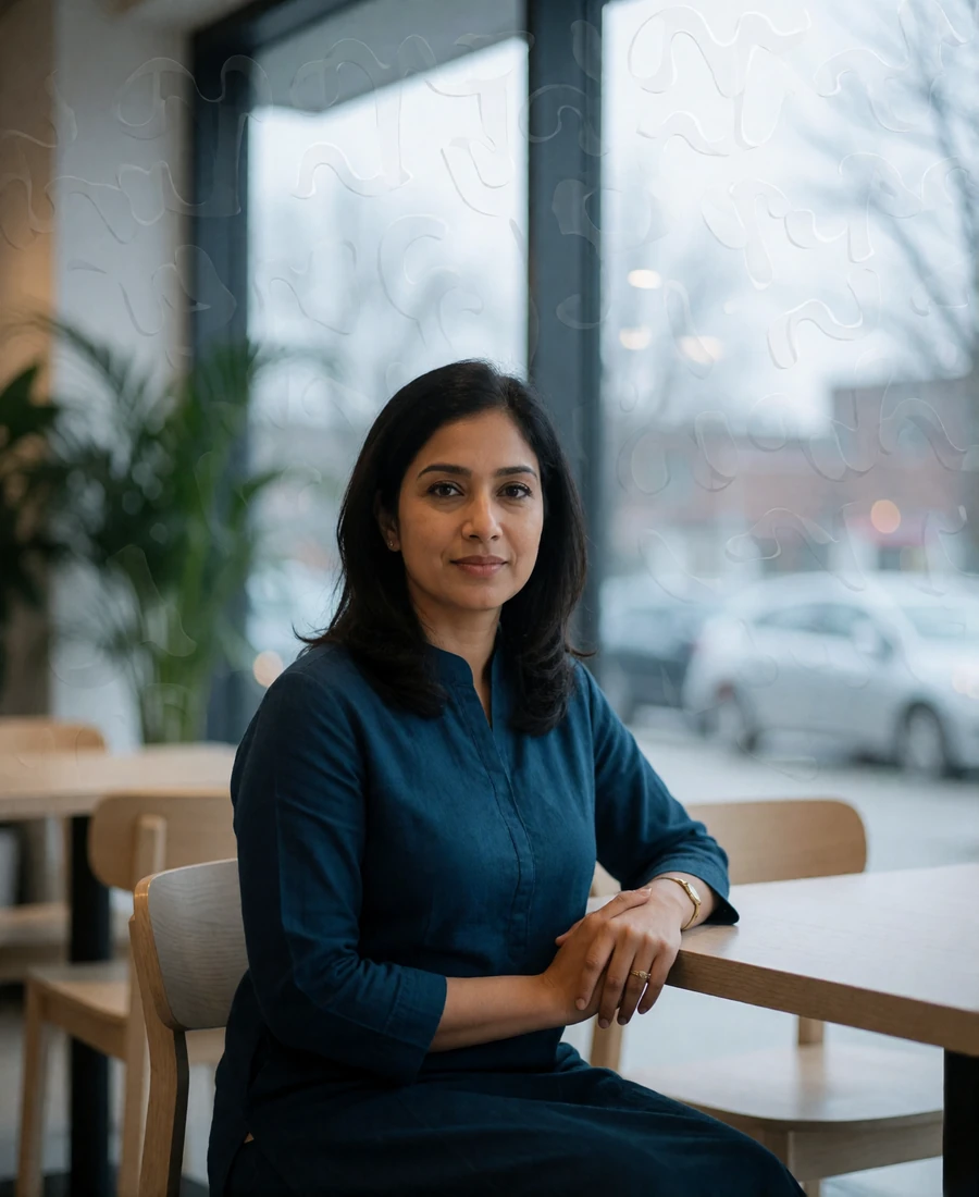 Pakistani woman in her early thirties in a tailored teal kurta seated at a modern café table - Pakistan girlfriend profile example