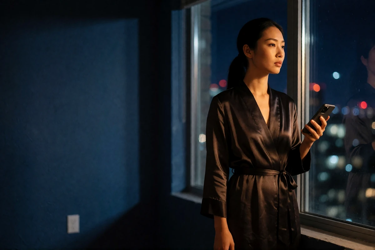 An Asian woman in a dark silk robe standing beside a tall apartment window at night, holding a phone loosely while looking out with a pensive expression