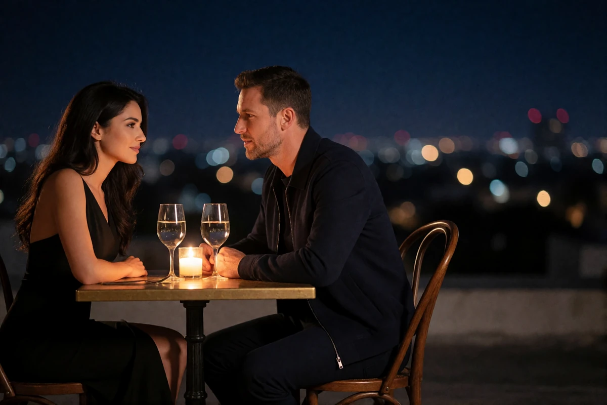 Jordanian woman in a black dress sharing a candlelit rooftop dinner conversation with her partner overlooking a night skyline