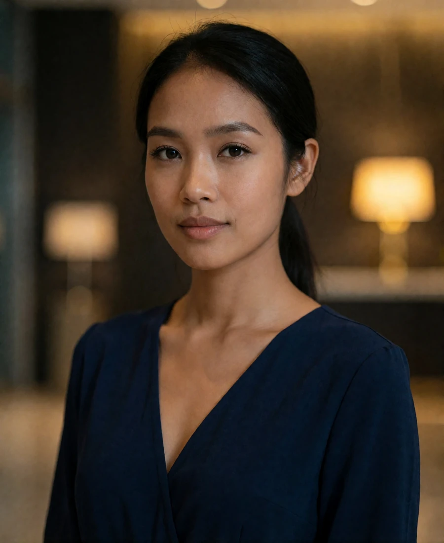 Timorese woman in her mid twenties wearing a deep navy dress with a softly lit modern lobby behind her