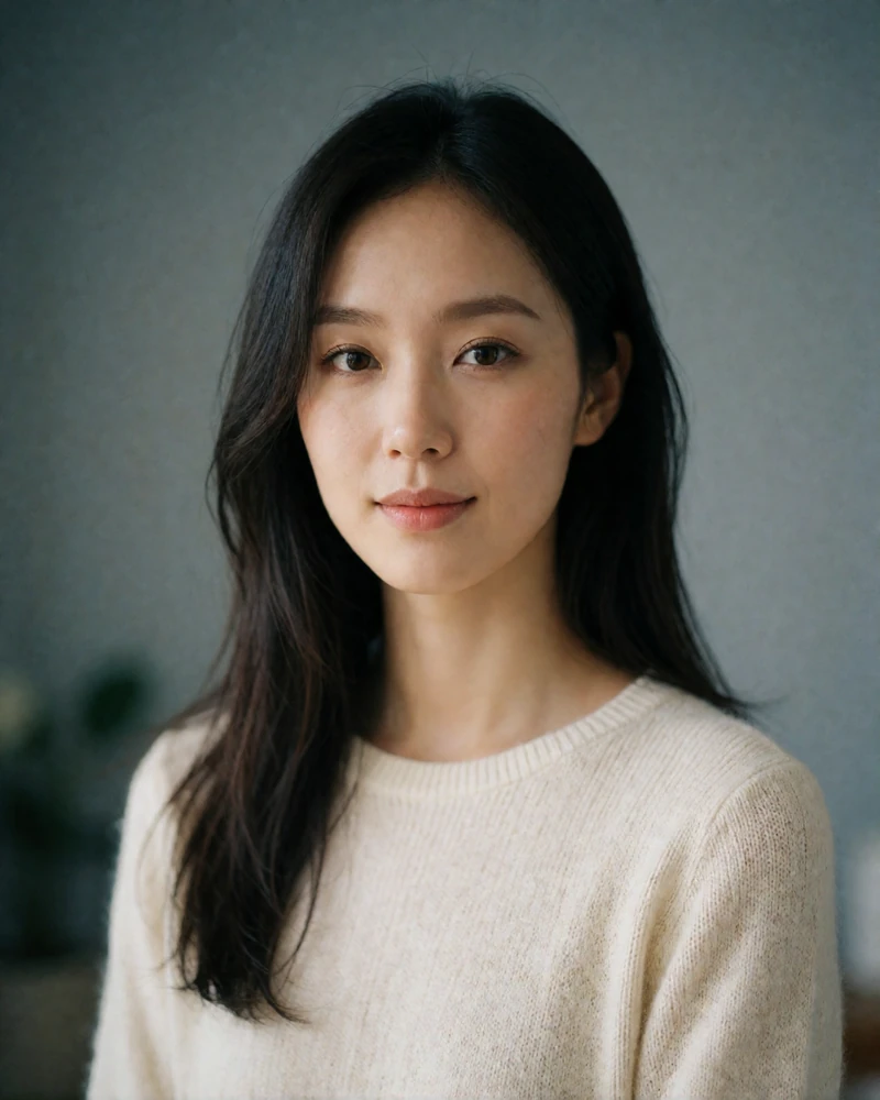 South Korean woman in her late twenties wearing a cream knit top, photographed in soft natural window light - Korean dating profile example