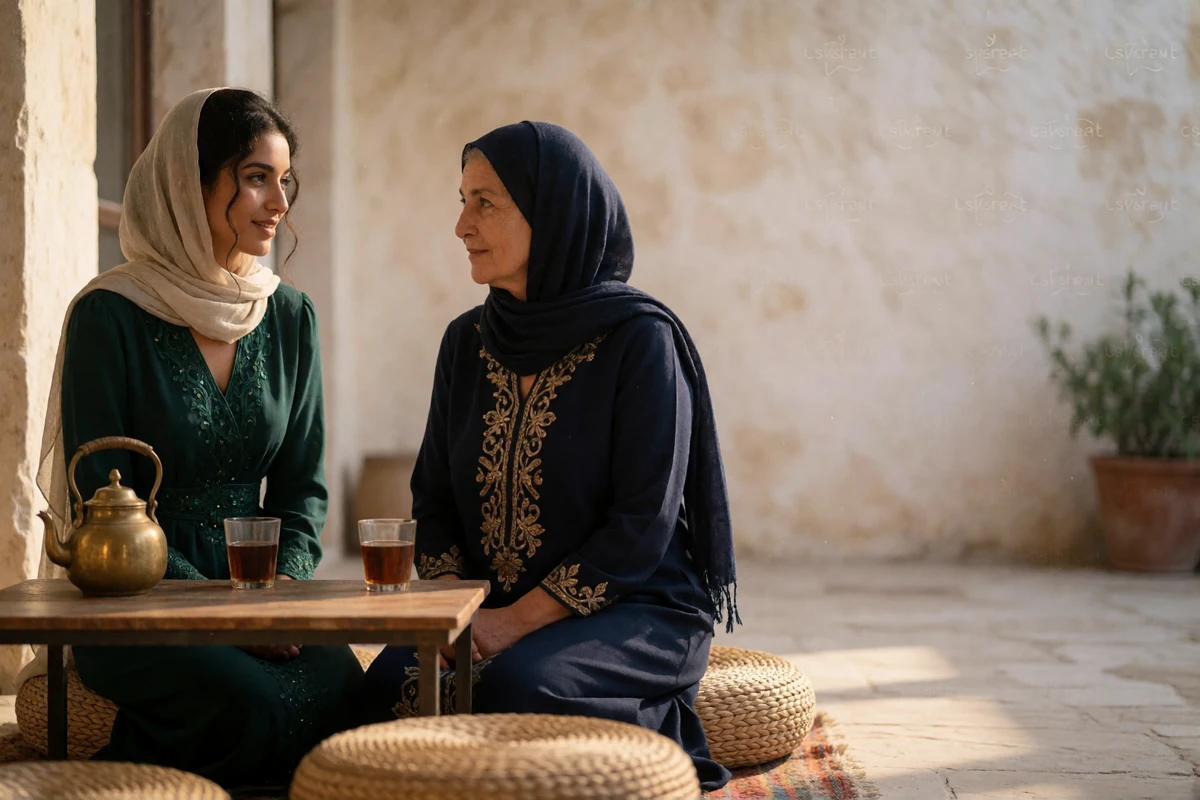 A young Yemeni woman in an elegant emerald dress and light headscarf sharing tea with an older woman on a shaded terrace