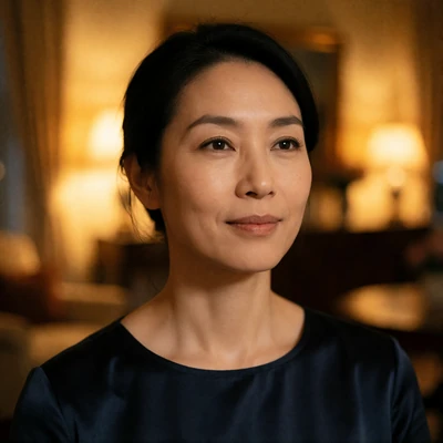Asian woman in her thirties smiling softly in a warm-lit evening interior