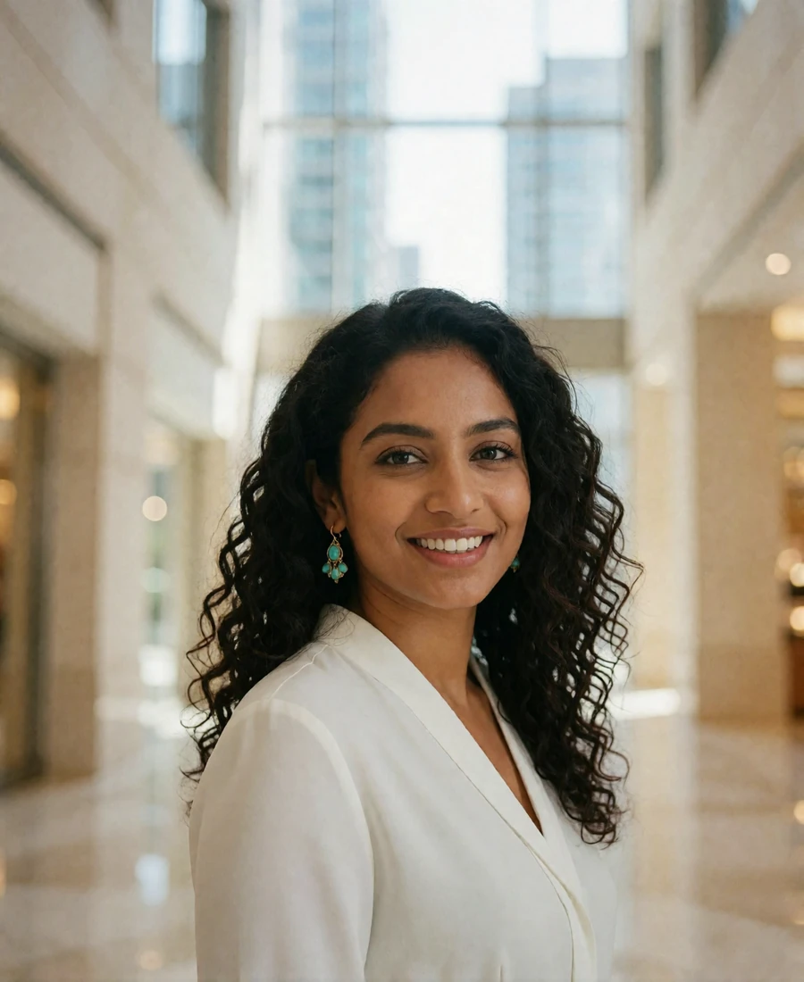 Sri Lankan woman in her mid twenties in a white blouse smiling in a bright modern interior - Sri Lankan dating site profile example