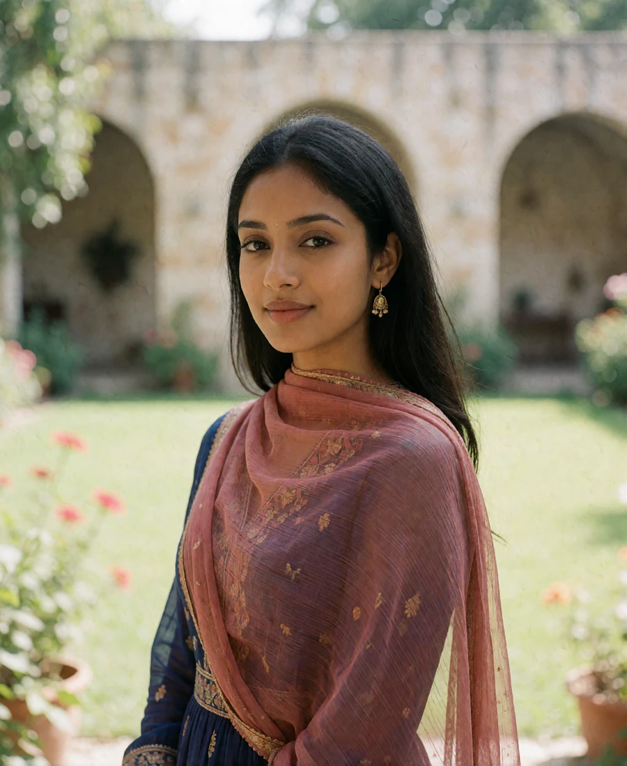 Pakistani woman in her mid twenties wearing a dusty rose chiffon dupatta in a sunlit garden - Pakistani dating profile example
