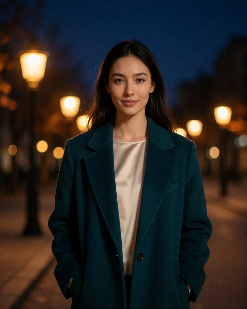 Kyrgyz woman in her mid twenties in a deep teal wool coat standing on a city boulevard at dusk - Kyrgyz dating profile example
