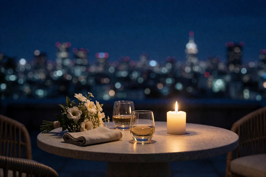 A small rooftop lounge table with two glasses, a folded linen napkin and a low candle, with a blurred city skyline behind it