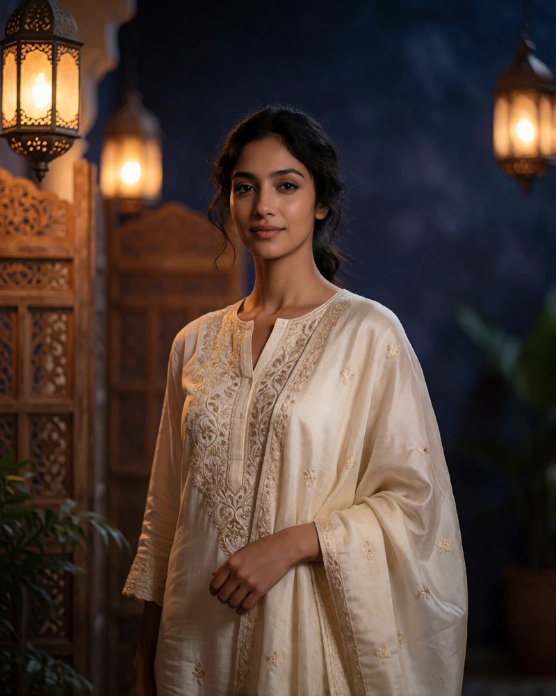 Afghan woman in her late twenties wearing a cream embroidered tunic with a draped shawl in a warm indoor courtyard - legitimate asian dating sites profile example