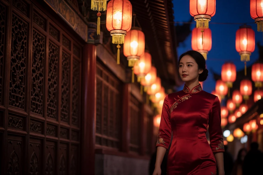 Chinese woman in a red silk qipao walking along a lantern-lined temple street at night, showing courtship culture in China