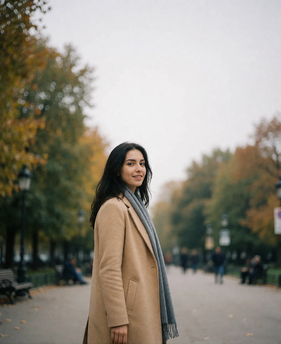 Armenian woman in a camel coat walking along a park path on an overcast day - asian female dating profile example