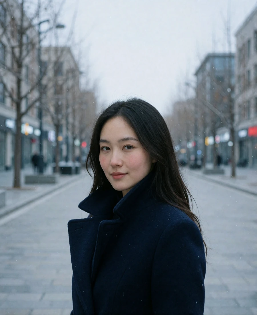 Mongolian woman in her early thirties on a wide city street in a navy wool coat during overcast winter daylight - Mongolian girlfriend profile example