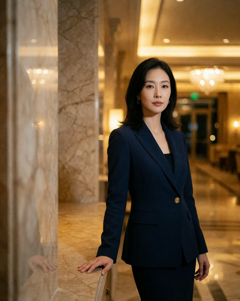 South Korean woman in her early thirties in a navy blazer standing in an upscale hotel lobby - South Korean girlfriend profile example