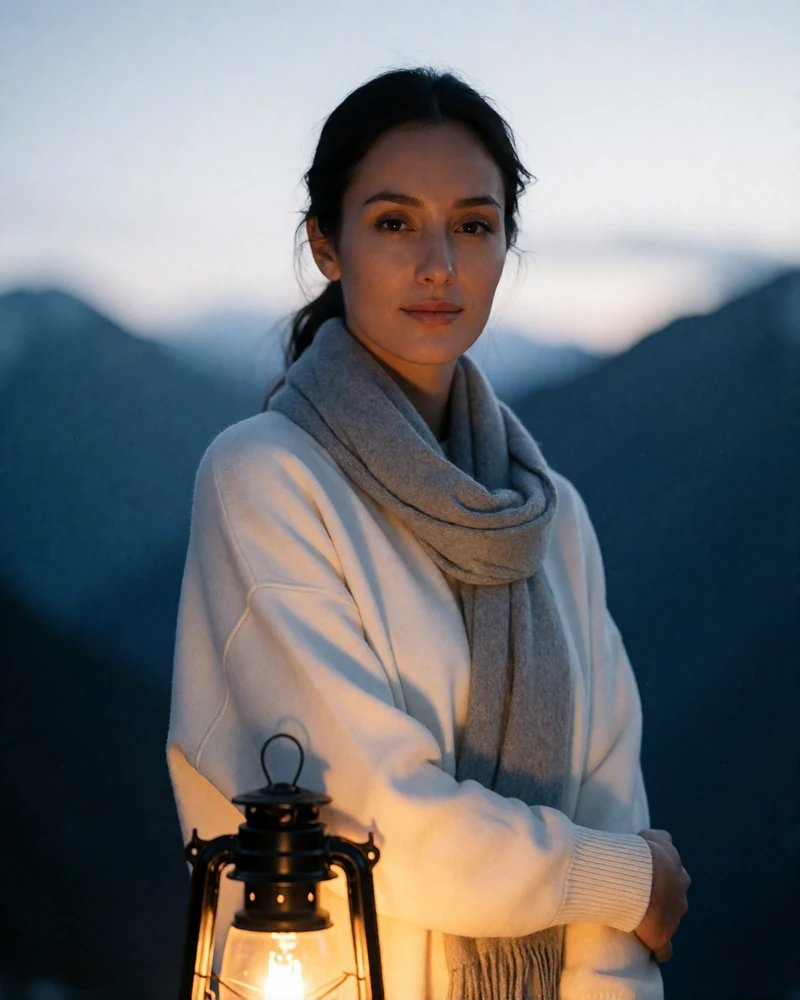 Kyrgyz woman around thirty in an ivory sweater and grey scarf on a mountain overlook - Kyrgyz girlfriend profile example
