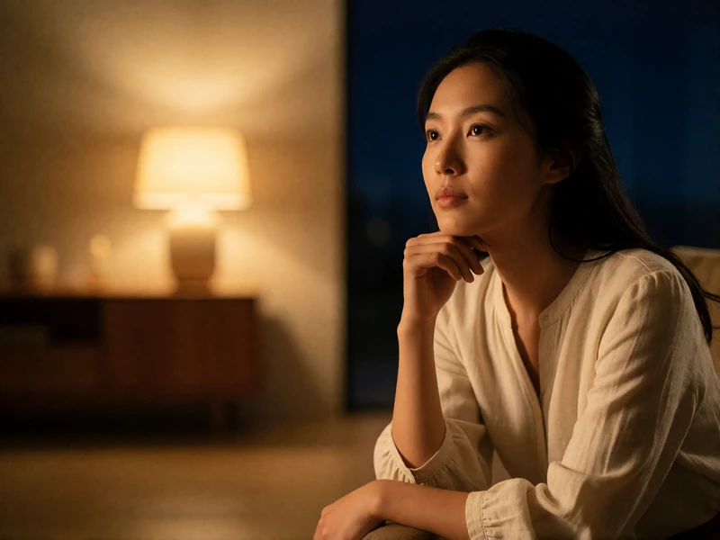 Asian woman in a cream blouse listening attentively in a softly lit modern living room