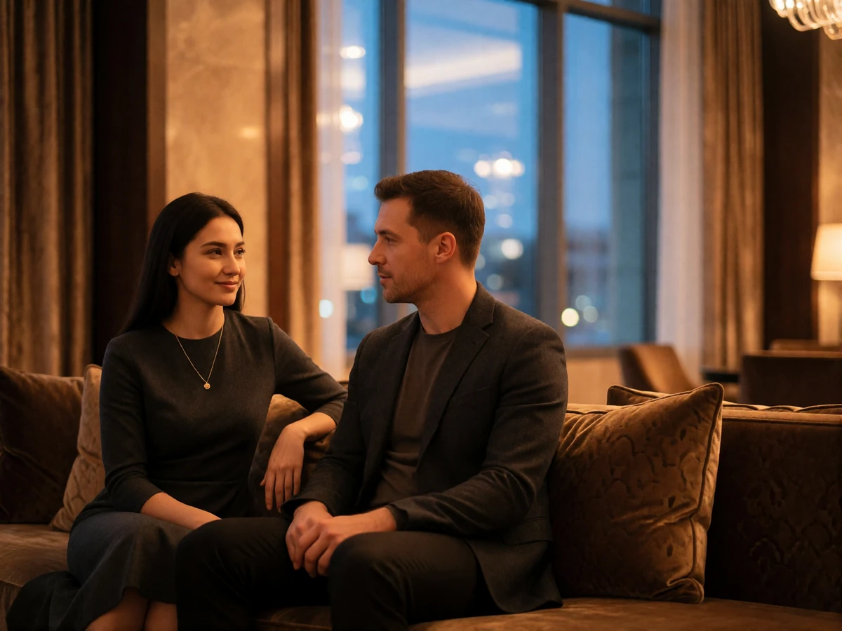 Kazakh woman and her Western partner seated together on a low sofa in an upscale hotel lounge, talking closely in warm evening light