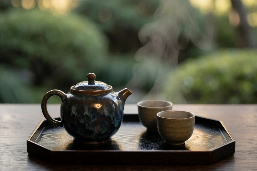 Traditional ceramic teapot and two cups on a dark lacquered tray with a blurred green garden behind, reflecting Japanese dating etiquette
