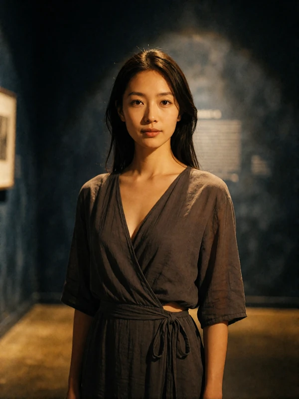 Graceful Japanese woman in a charcoal wrap dress standing in a dim gallery interior - Japanese dating profile example